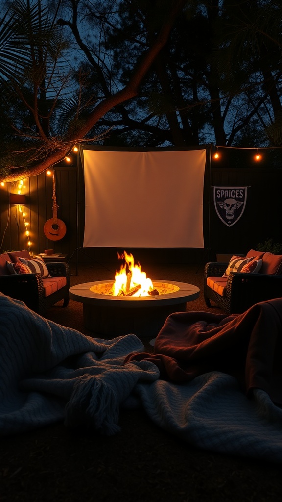 Backyard fire pit setup for a movie night with seating, blankets, and a screen.