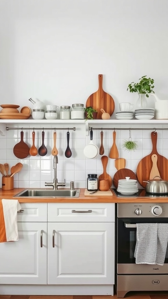 A Scandinavian kitchen with wooden utensils, white dishes, and potted plants arranged on open shelves.