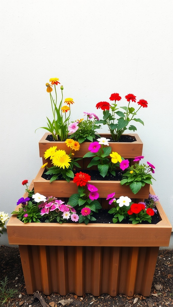 A tiered planter box filled with colorful flowers in multiple levels.