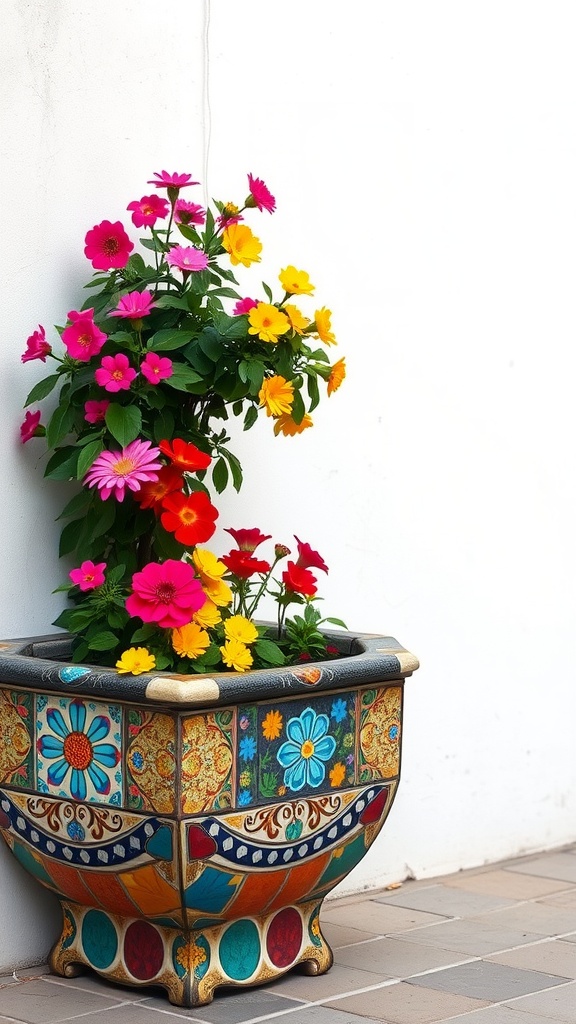 A colorful tile mosaic planter box filled with vibrant flowers