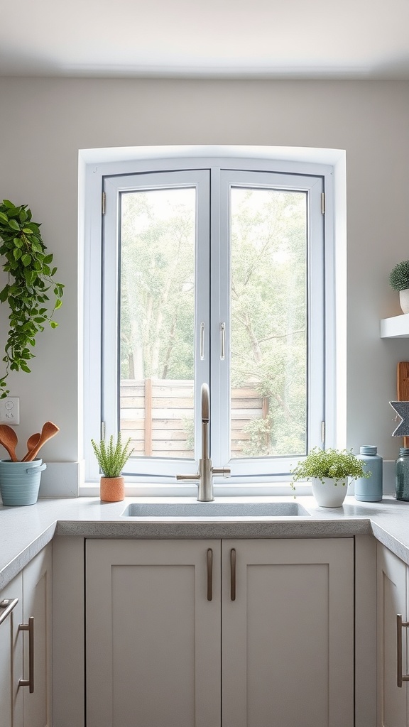 A modern kitchen with a tilt-and-turn window showcasing a view of greenery outside, with potted plants on the windowsill.