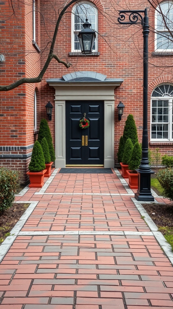 A beautifully designed brick walkway leading to a front door, flanked by green plants and classic lanterns.