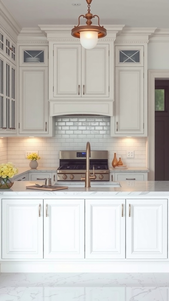 A beautifully designed kitchen featuring white cabinetry, marble countertops, and stylish lighting.