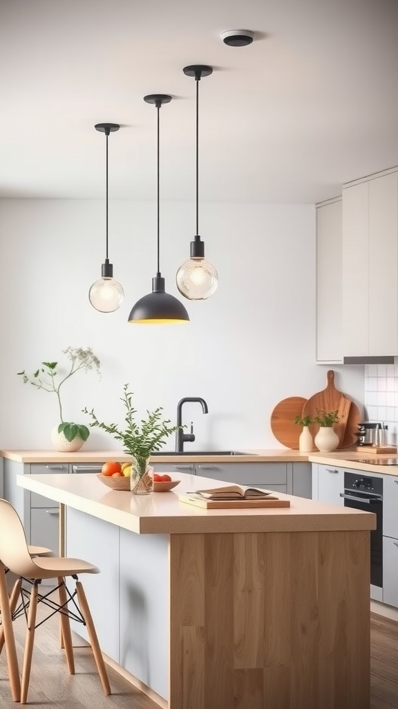 A Scandinavian kitchen featuring three pendant lights above a wooden island with a minimalist design.