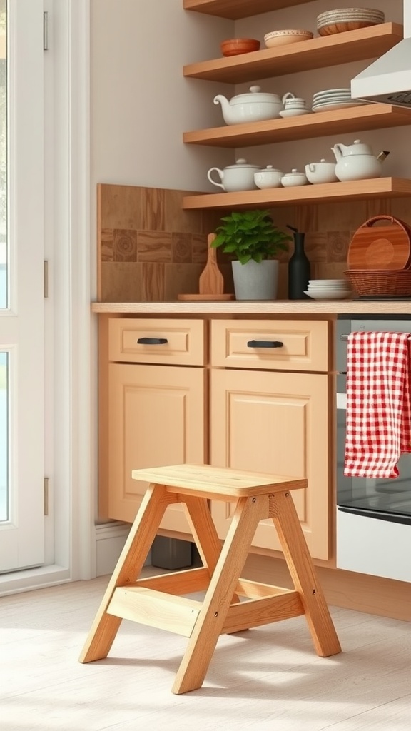 A wooden step stool in a modern kitchen with light-colored cabinets and shelves.