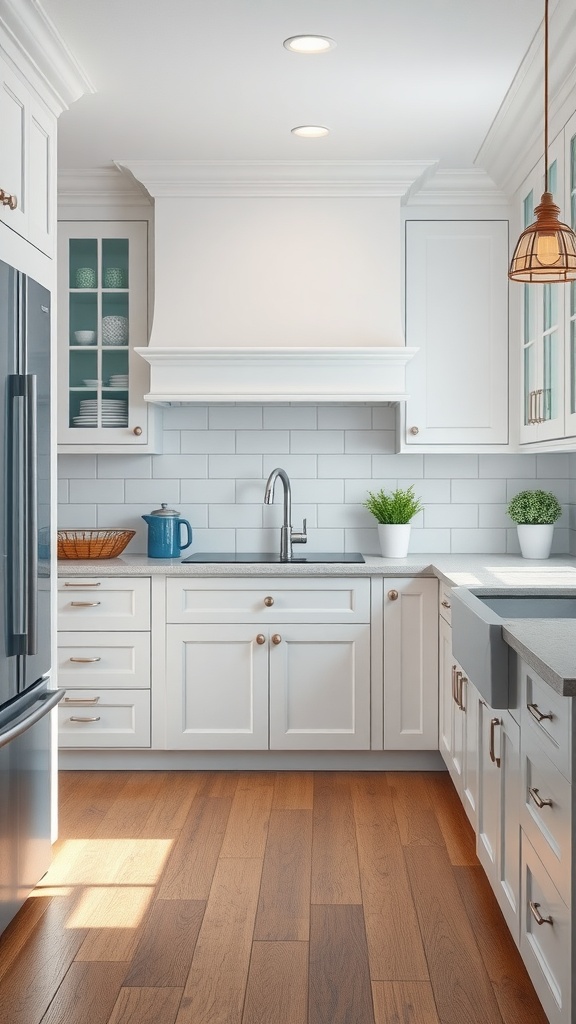 A kitchen featuring traditional white paneling with blue accents, including white cabinetry, blue kitchenware, and light wooden flooring.