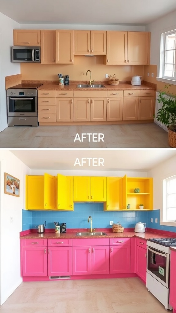 Before and after images of a kitchen cabinet transformation, showing a shift from muted colors to vibrant pink, yellow, and blue.