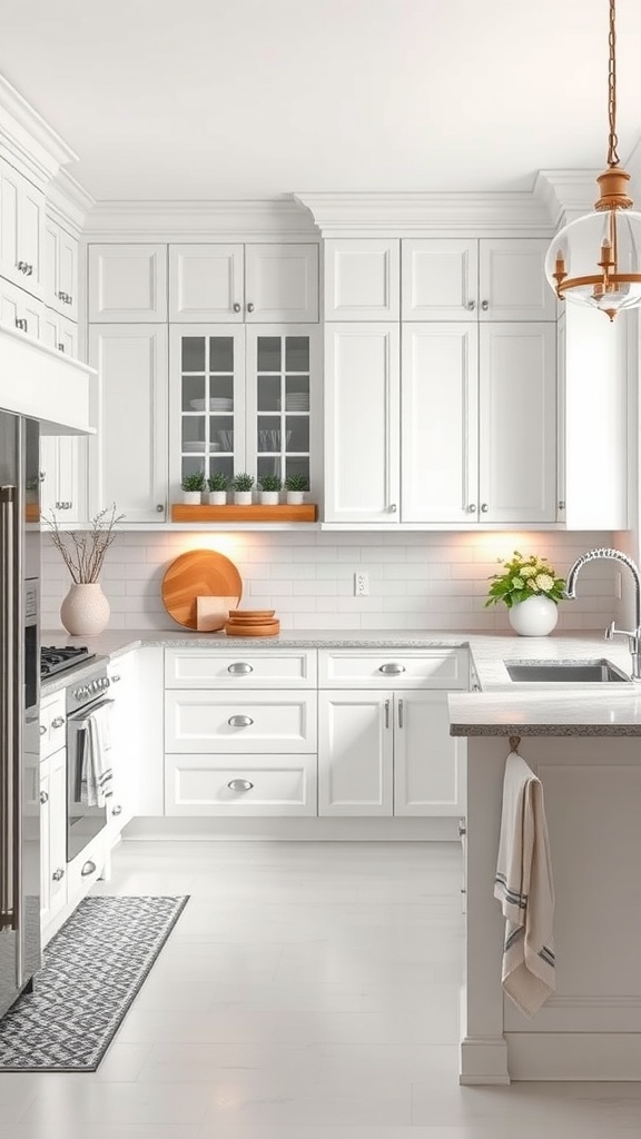 A bright white transitional kitchen featuring modern and traditional elements with stainless steel appliances and warm wooden accents.