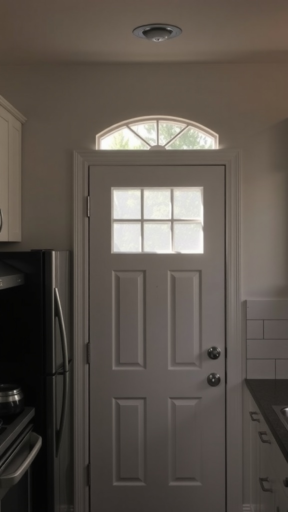 A kitchen door with a transom window above it, allowing light to enter