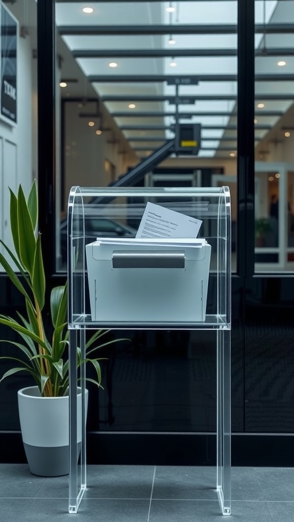 A transparent acrylic mailbox placed next to a green plant, showcasing a minimalist design.