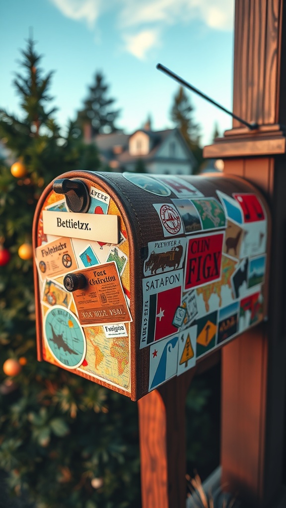 A mailbox covered in travel stickers and maps, showcasing various destinations