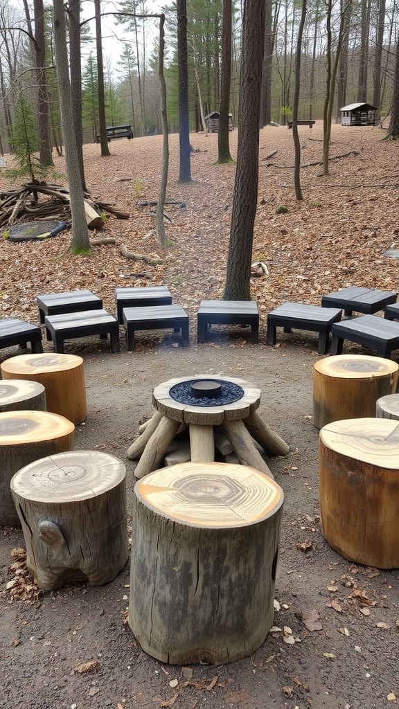 A cozy fire pit area with tree stump seats arranged in a circle around a central fire pit, surrounded by trees and fallen leaves.