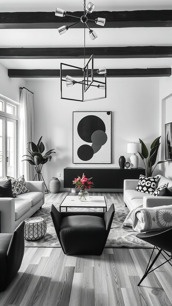 A stylish black, grey, and white living room featuring geometric decor elements.
