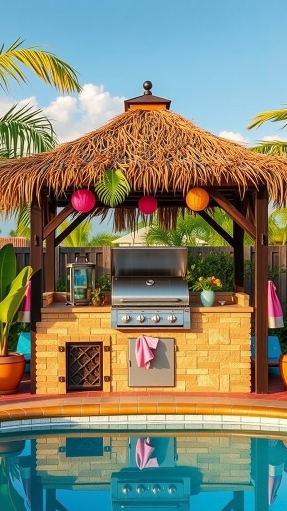 A tropical island-style grill gazebo with a thatched roof beside a swimming pool, featuring colorful lanterns and surrounded by palm trees.