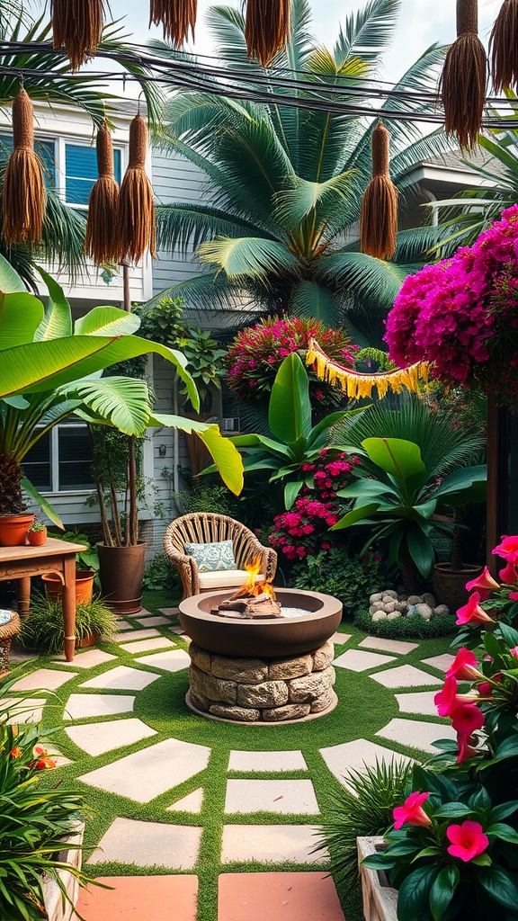 A tropical backyard with a fire pit, surrounded by lush plants and colorful flowers.