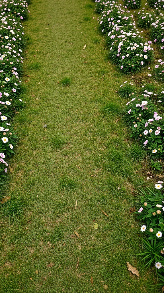 A grassy pathway lined with pink and white flowers