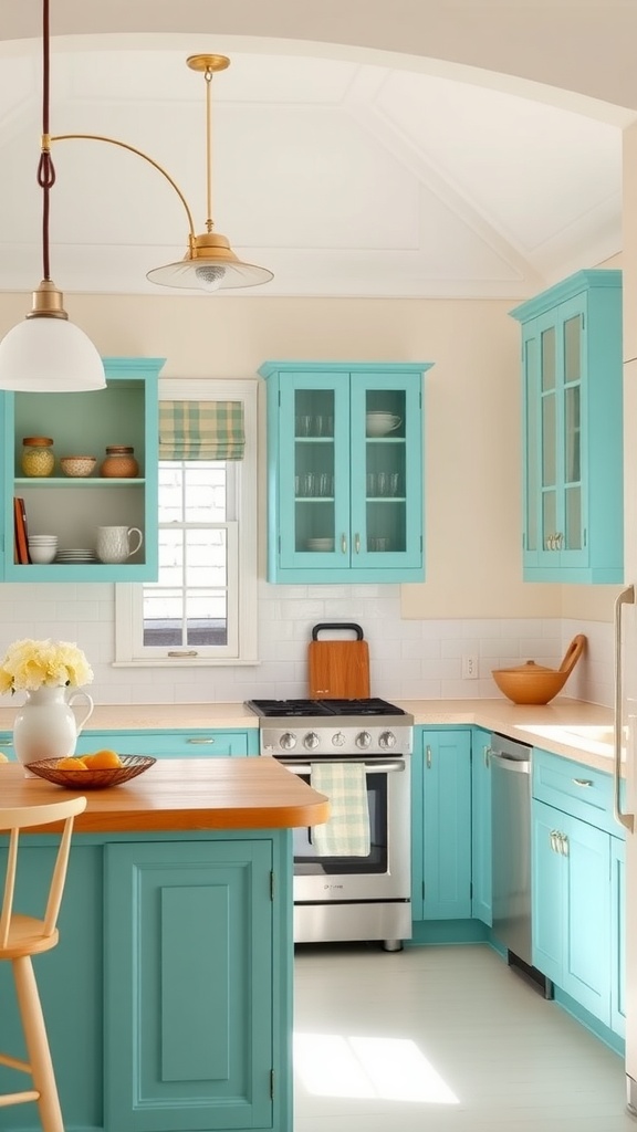 A kitchen featuring turquoise cabinets and cream walls, with wooden accents and modern appliances.