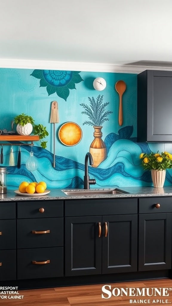 Vibrant turquoise mural featuring waves and flowers in a kitchen with dark cabinets.