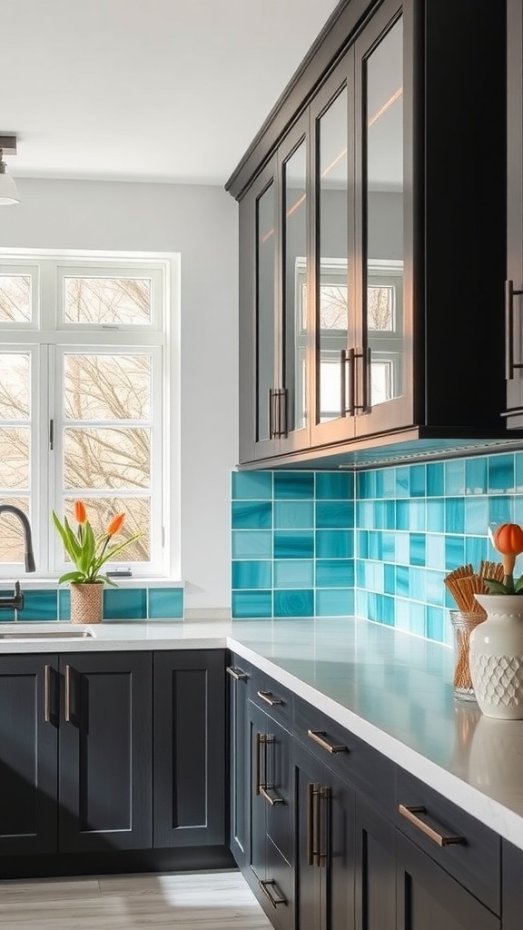 A modern kitchen featuring dark cabinets and turquoise glass tiles as a backsplash