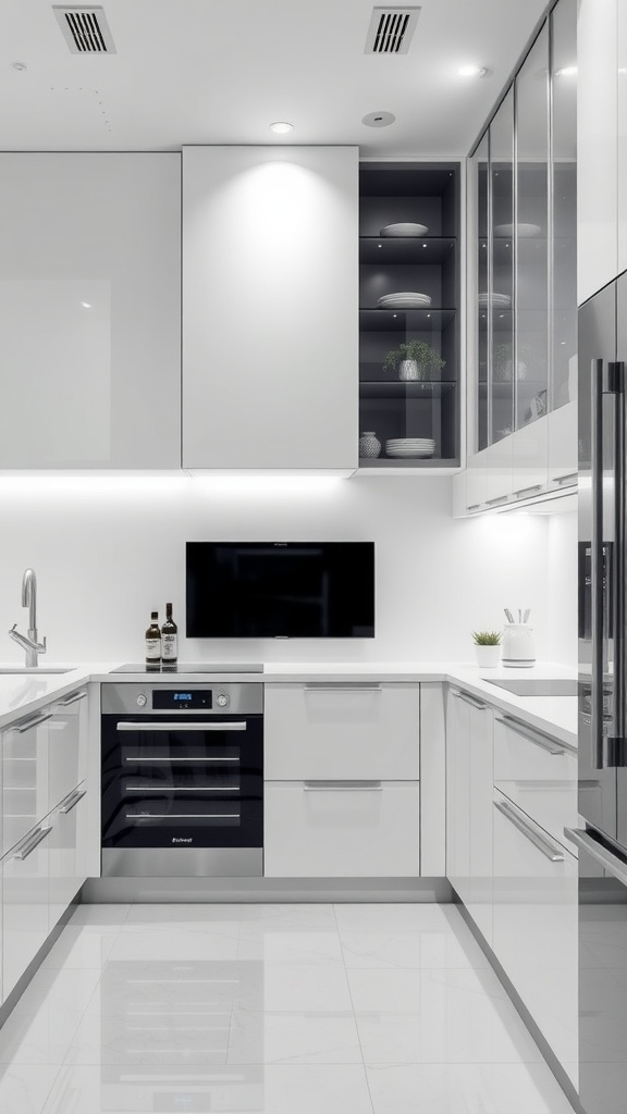 A sleek ultra-modern white kitchen with glossy cabinets, high-tech appliances, and a minimalist design.