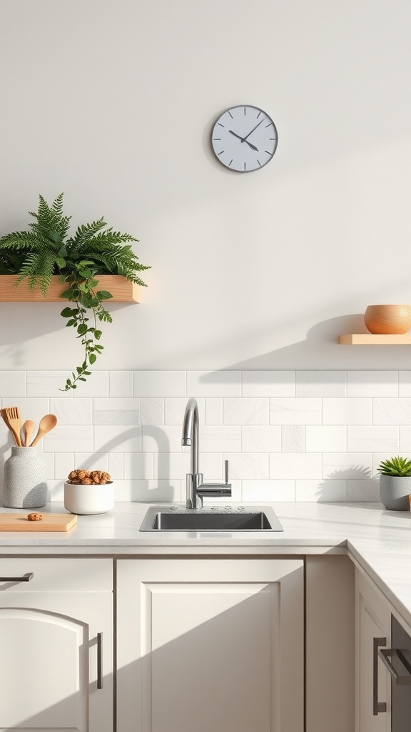 A kitchen featuring a neutral tile backsplash, wooden shelves with plants, and modern kitchenware.