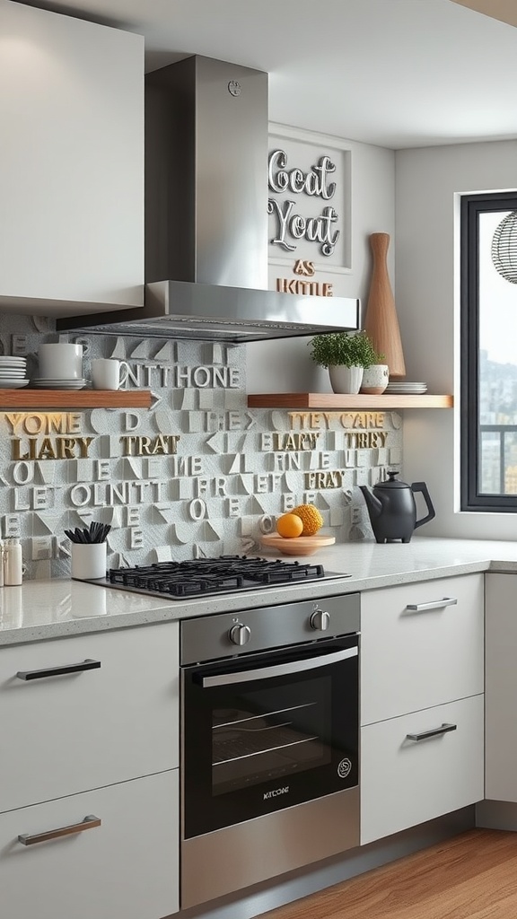 A modern kitchen featuring a 3D tile backsplash with textured patterns, complemented by sleek cabinets and a stylish countertop.