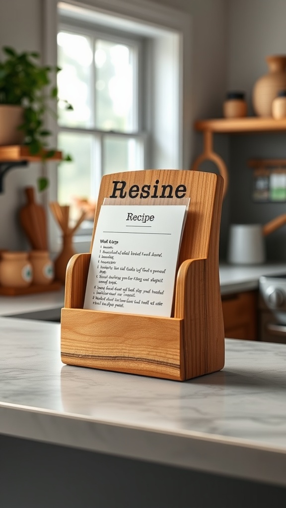 A wooden recipe holder displaying a recipe card in a cozy kitchen setting.