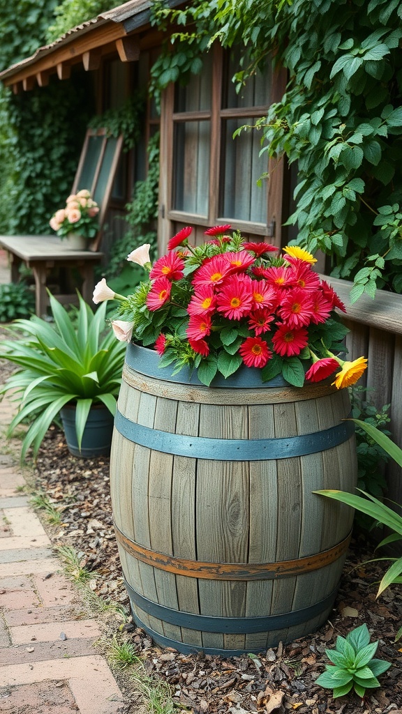 An upcycled wooden barrel planter filled with vibrant red and yellow flowers, set against a backdrop of greenery and a rustic wooden structure.