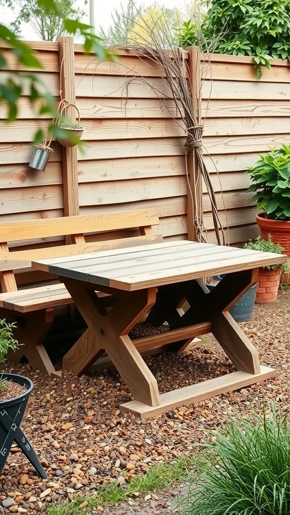 A rustic wooden table and bench in a garden setting with greenery and pebbles.