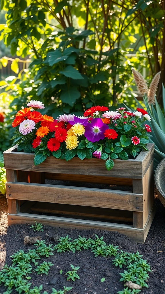 A rustic wooden planter box filled with colorful flowers, surrounded by green foliage.