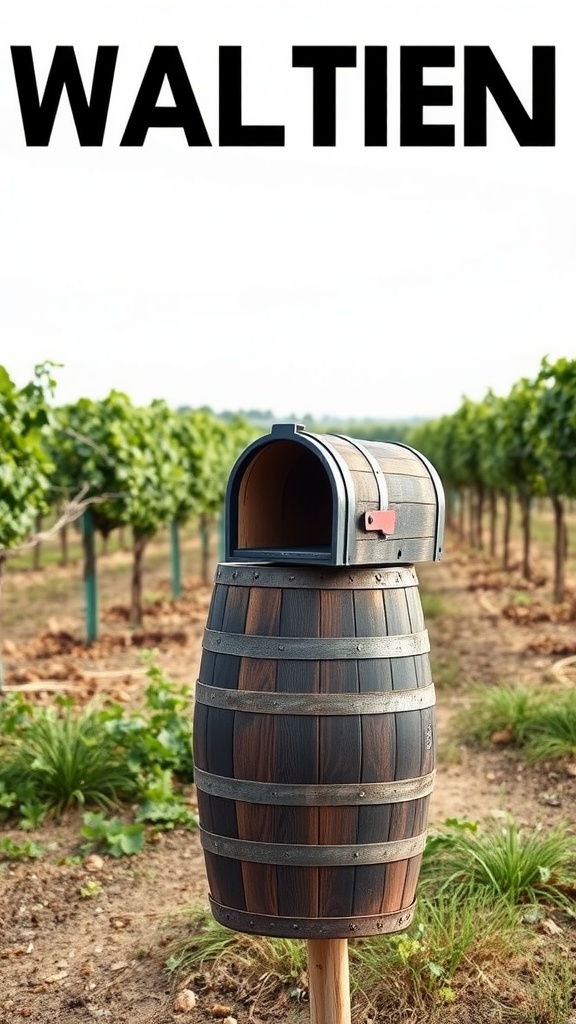 A rustic wine barrel designed as a mailbox post, set in a vineyard landscape.