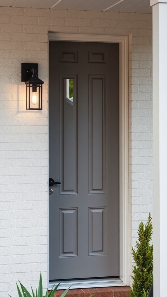 A modern gray door with stylish outdoor lighting beside it.