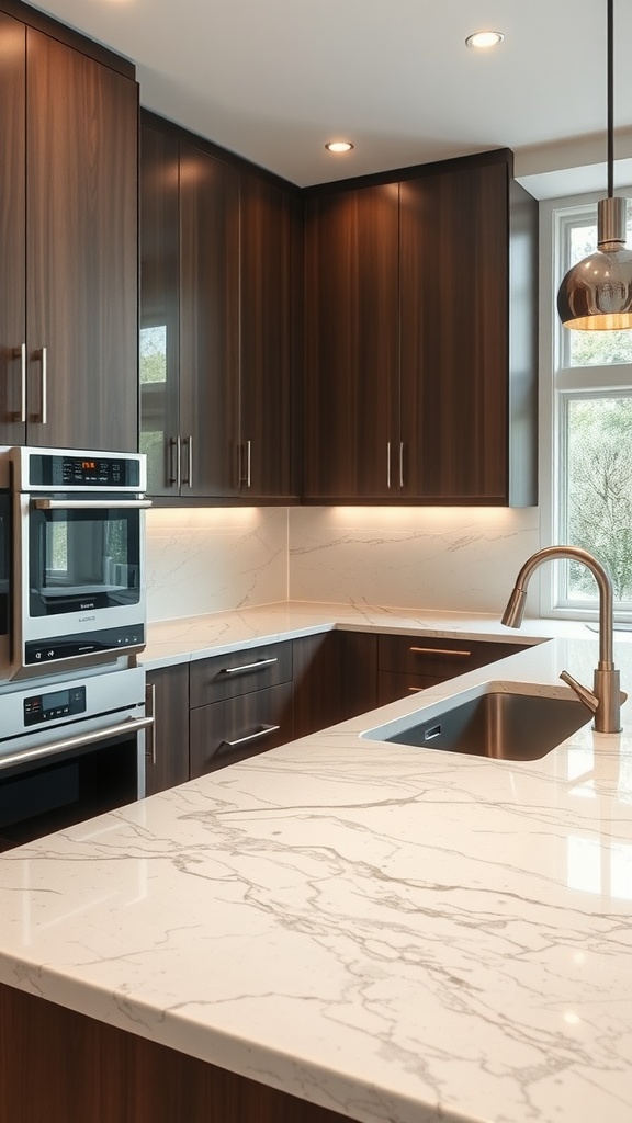 Modern kitchen with quartz countertops and dark cabinetry