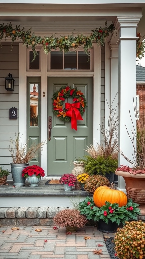 A cozy front porch decorated for the fall season with a green door, a festive wreath, colorful plants, and a pumpkin.