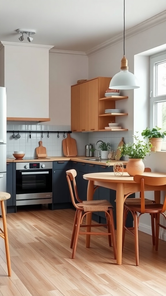 A cozy Scandinavian kitchen with multi-functional furniture, featuring a round dining table, wooden chairs, and open shelving.