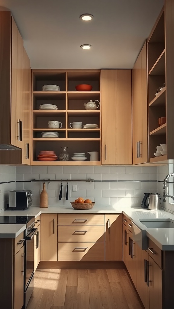 A modern kitchen featuring tall wooden cabinets, open shelving with dishware, and a bright countertop.