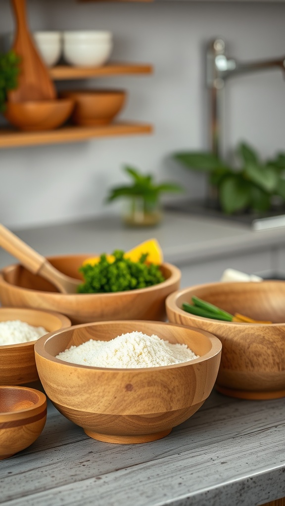 A collection of wooden mixing bowls filled with ingredients on a kitchen countertop