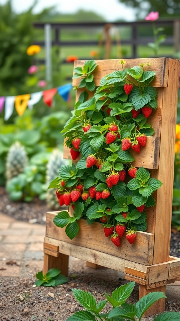 A vertical pallet planter filled with strawberries in a garden