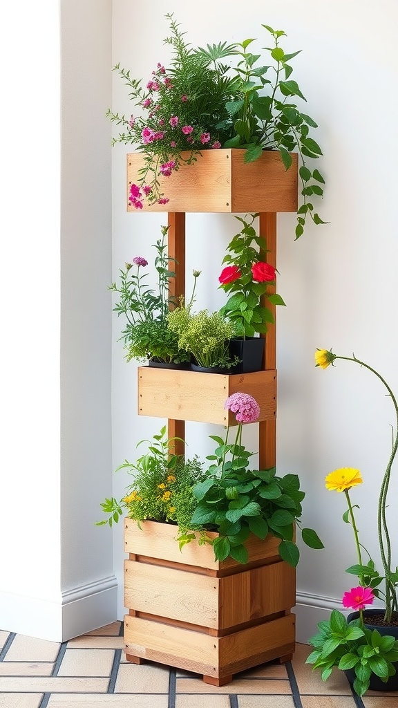 A vertical tower planter made of wood, filled with various vibrant plants and flowers.