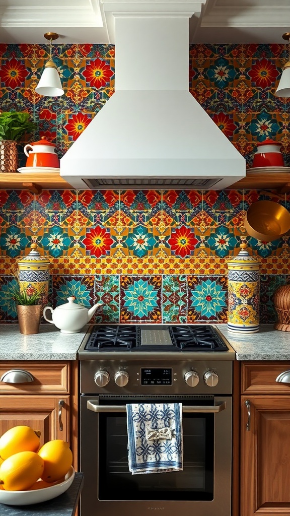 A colorful kitchen backsplash featuring vibrant Moroccan tiles with intricate patterns.