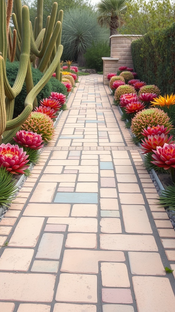 A flagstone walkway surrounded by colorful succulents and cacti.