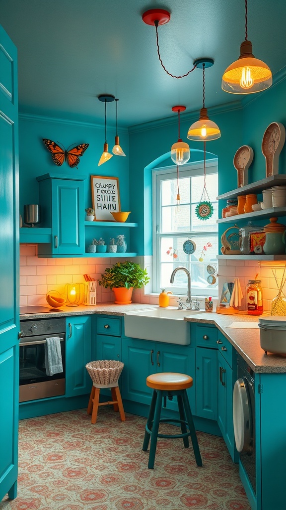 A vibrant teal kitchen with bright cabinets, warm lighting, and playful decor