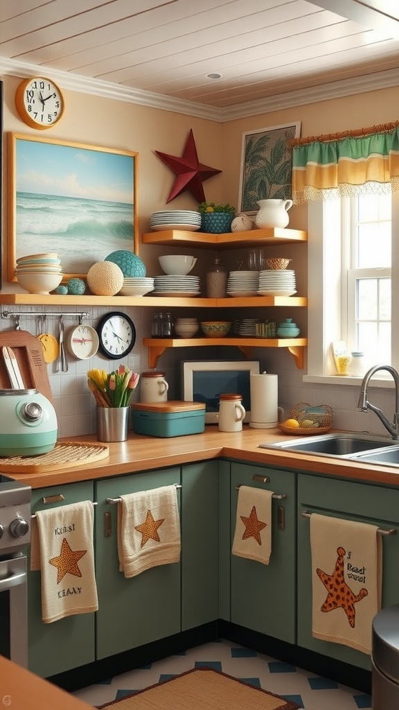 A cozy beach house kitchen featuring vintage decor, including aqua tones, wooden shelves, and starfish-themed towels.