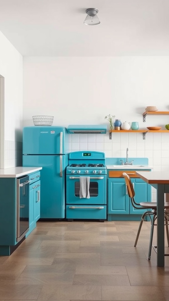 A bright blue kitchen featuring vintage appliances, including a fridge, stove, and cabinetry, with a modern design.