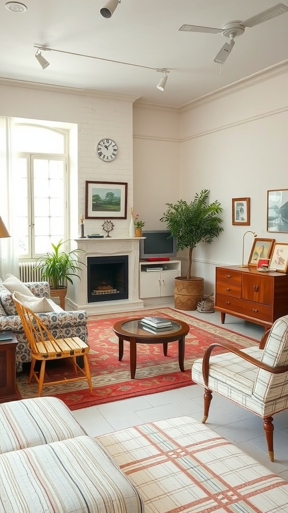 A cozy vintage living room featuring off-white walls, patterned chairs, a striped sofa, and a warm area rug.