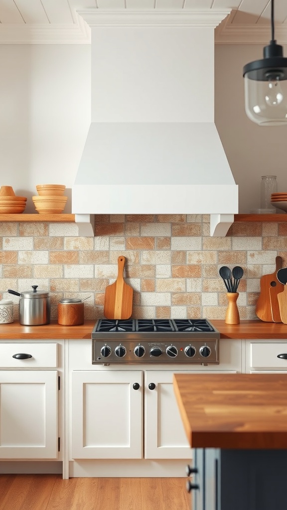 Kitchen with vintage farmhouse style featuring a textured tile backsplash and wooden accents.