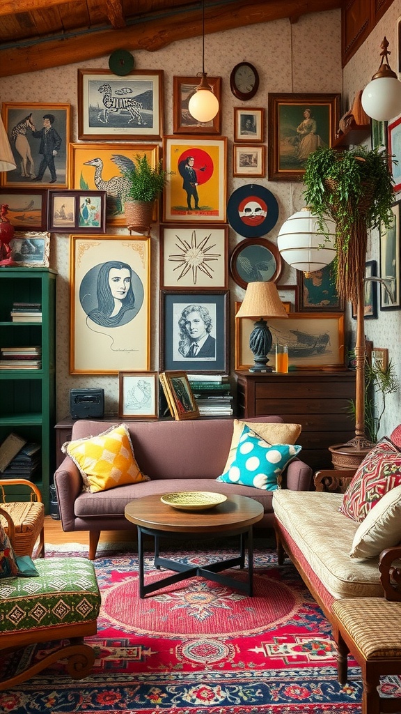 A cozy boho living room filled with vintage decor, including a gallery wall of framed art, colorful furniture, and potted plants.