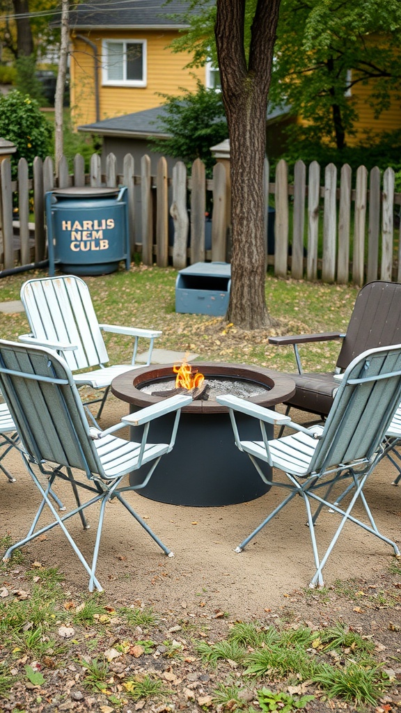 A cozy outdoor fire pit surrounded by vintage metal folding chairs in a casual setting.