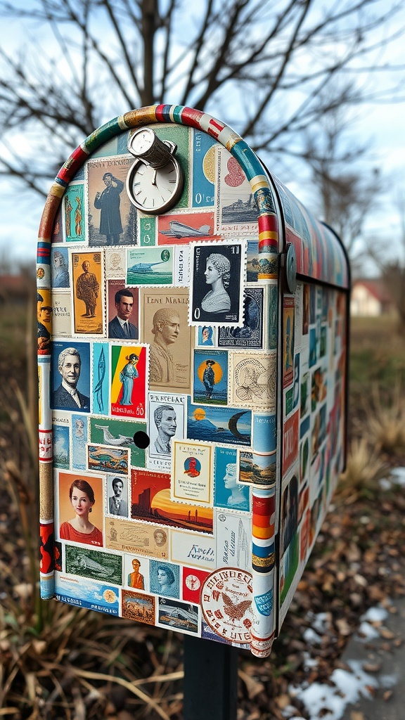 Mailbox decorated with a collage of vintage postage stamps