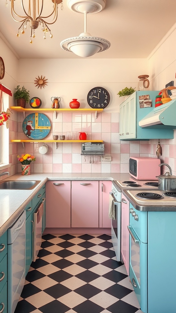 A vintage retro style kitchen featuring pastel colors and a checkerboard floor.